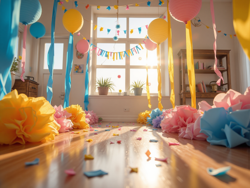 户外生日庆祝活动，蓝天白云下，彩色横幅和气球装饰的庆祝现场